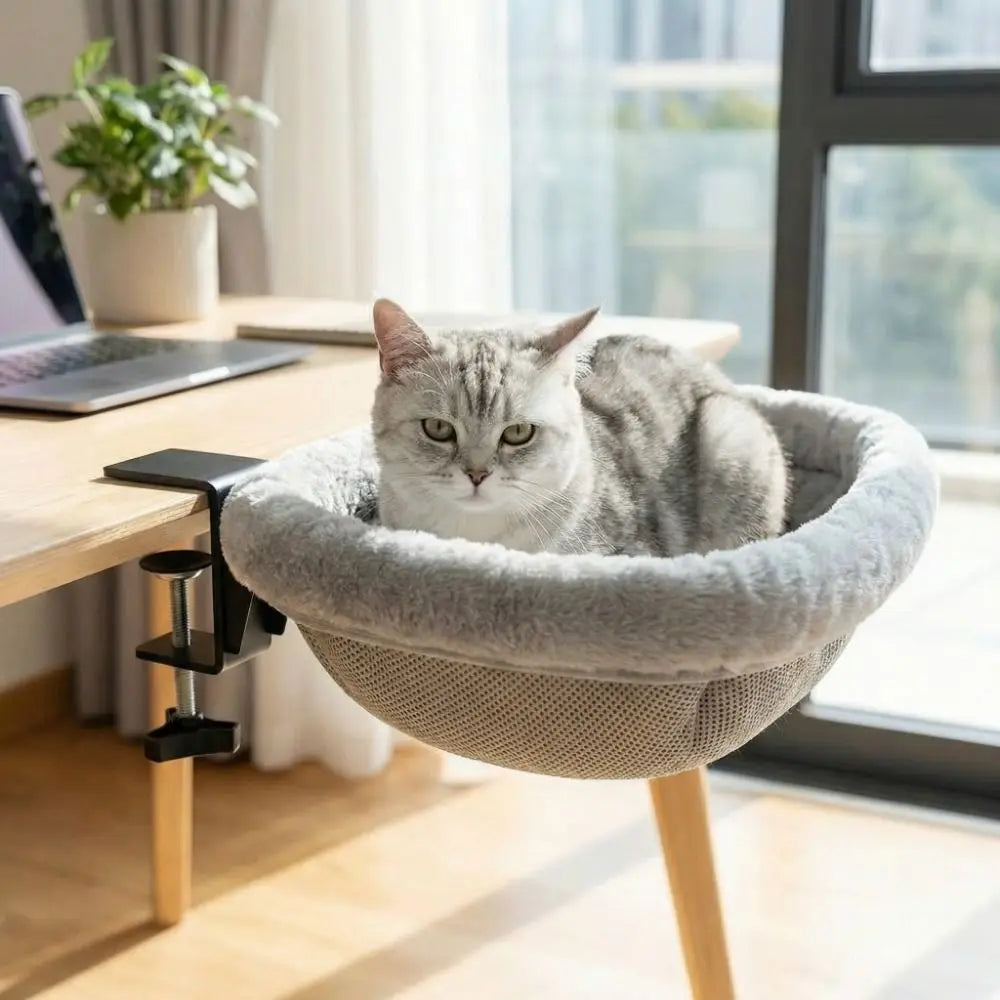 Lit Hamac Suspendu pour Chat – Fixation de Bureau, Pliable et Ultra Confortable